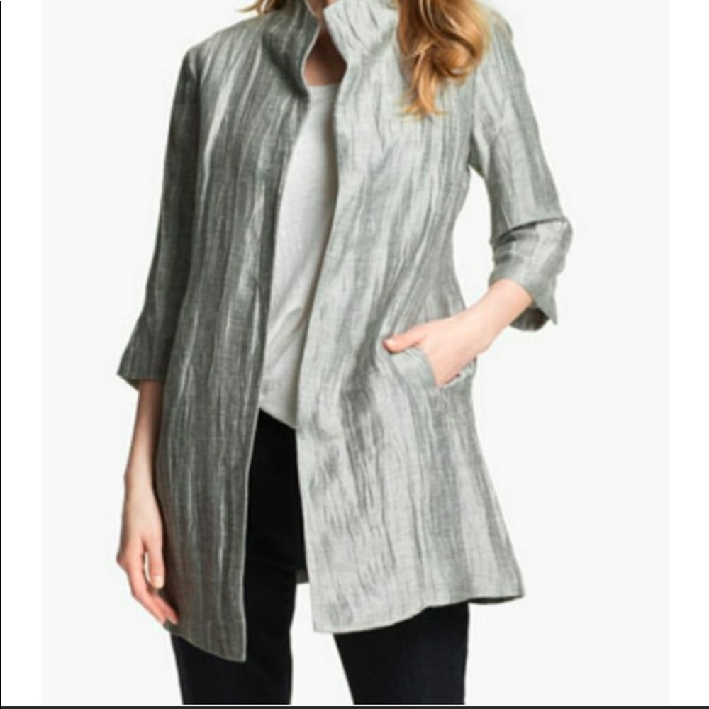 EILEEN FISHER Silver Gray Womens Large Crinkled Linen Blend Open Front Jacket